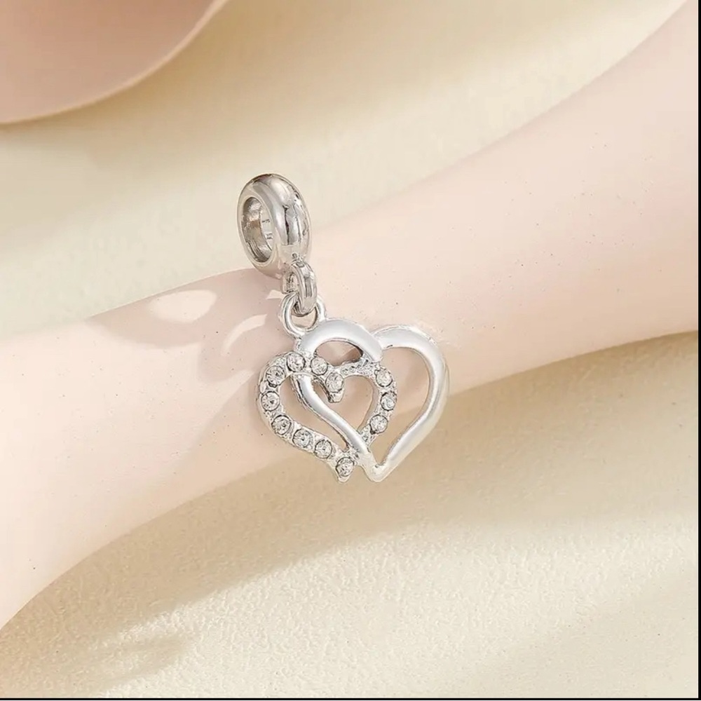 New Silver Double Heart CZ Stones Bracelet Charm